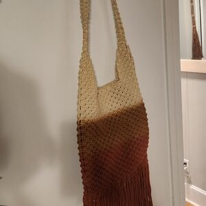 Crochet/ Macrame Tan and Brown Shoulder Bag With Fringe